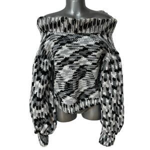 Handknit Sweater Black Gray White Off Shoulder Balloon Sleeves Pullover Small